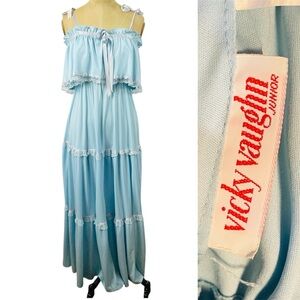 VTG Vicky Vaughn Milkmaid Dress Retro Coquette Romantic Blue Maxi Lace Tier Whim
